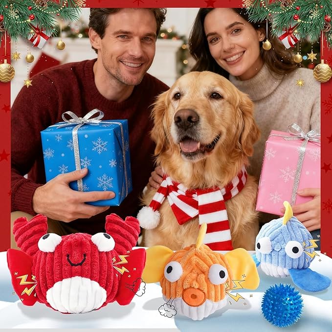Squeak Dog Toys for Aggressive Chewers, No Stuffing Squeak Dog Chew Toys for Aggressive Chewers, Interactive Dog Toy Ball with Crinkle Paper for Medium Dogs, Large & Small Breeds (E-Crab+Fish)