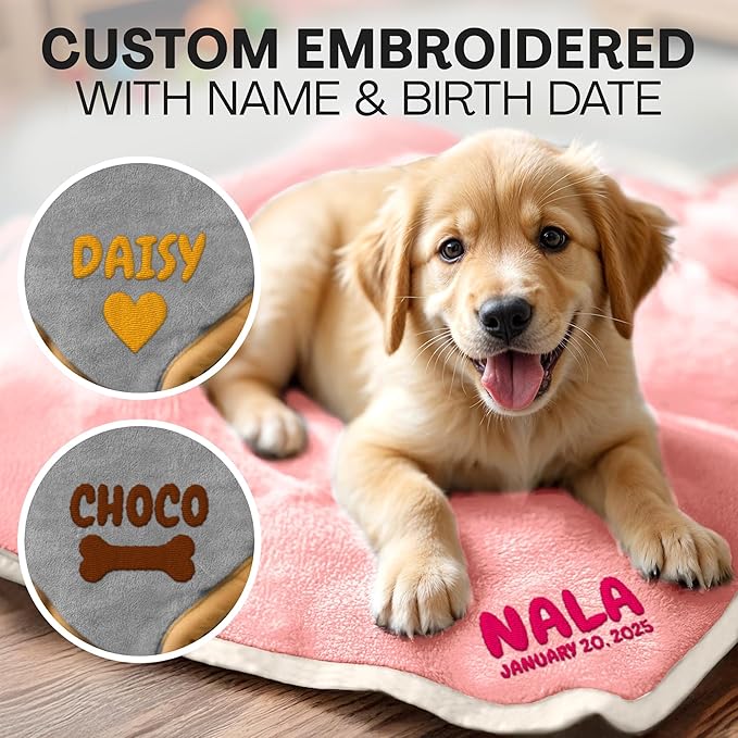Personalized Puppy Blanket – Custom Embroidered Dog Blanket with Name & Birth Date – Soft New Puppy Gift – Keepsake for Dog Lovers, Pup Moms & New Pet Owners - Pink