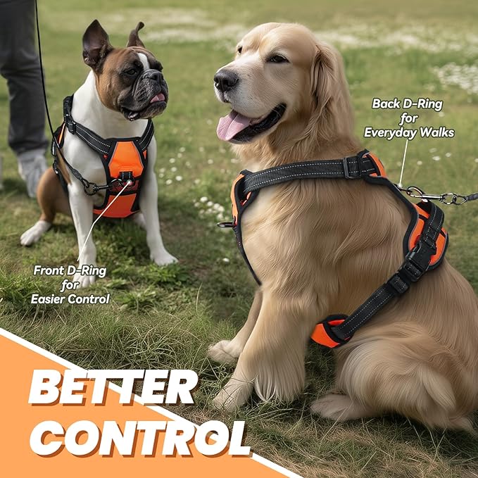 VIVAGLORY Dog Harness Easewalk No Pull Dog Harness with Handle Front Clip & Back Clip for Training Walking Lifting, No Pull Adjustable Easy On Padded Comfortable for Pet, S, Orange - Plain
