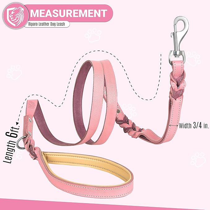 Riparo Leather Dog Leash 6ft with 2 Handles Padded Traffic Handle for Extra Control, Leather Dog Leashes for Large Breed Dogs Training Walking Heavy Duty Leashes for Dogs (Pink, L: 3/4" x6ft)