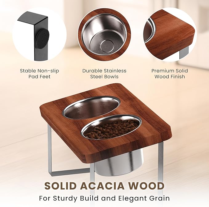 14" Tall Elevated Dog Bowls - Ergonomic Stainless Steel Dog Bowls with 10° Tilt in Acacia Wood Stand for Tall & Large Breed
