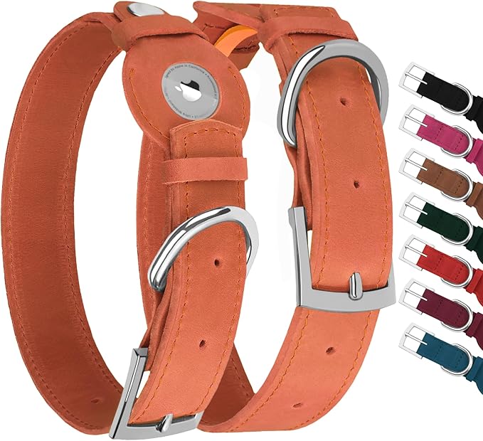 Leather Dog Collar with Airtag Holder - Apple Air Tag Dog Collars - Soft Tracking GPS Pet Collar for Small Medium Large Dogs Breed Puppy (Tawny, XL, 19"-24" Neck Fit)