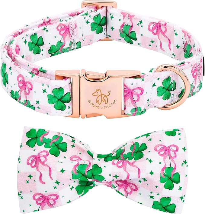 Elegant little tail St Patrick's Dog Collar - Green Lucky Clover Cotton Shamrock Pet Collar Bowtie Cute Pink Collars with Bow Adjustable Pet Collars for Large Dogs