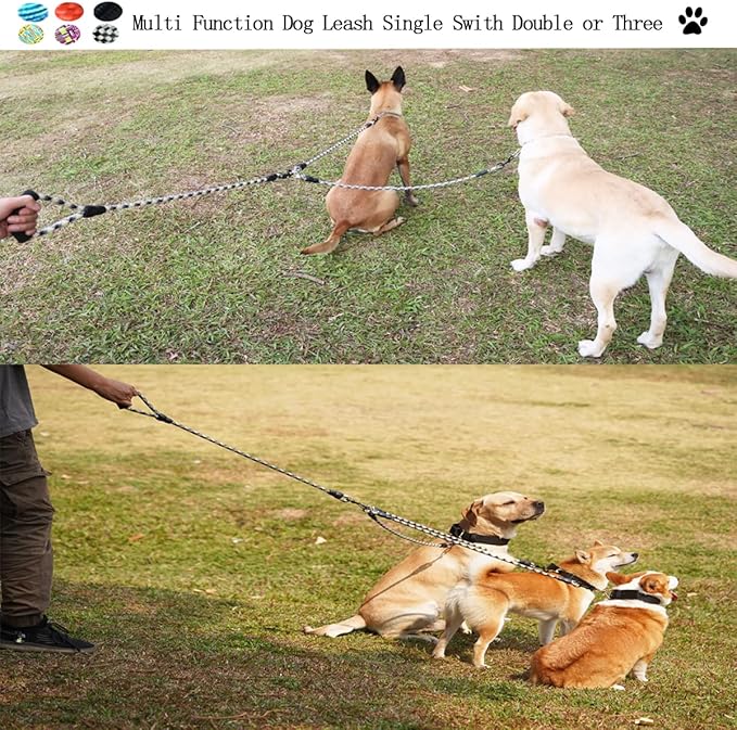 3 Dog Leash - Padded Handle, 360° Swivel Multiple Dog Leash No Tangle, Lead for Medium Large Dogs, Walking & Training Double Dogs (Black White)