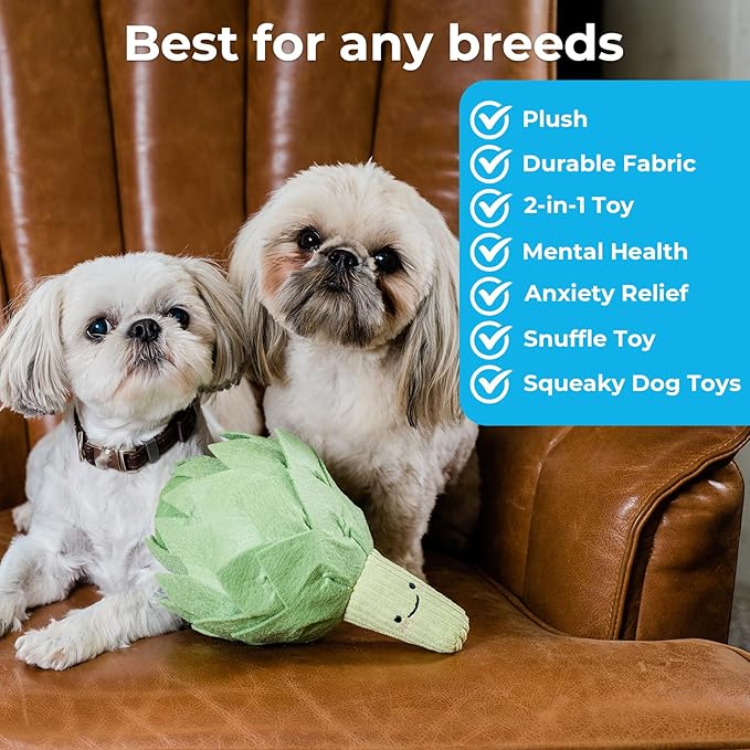 Dog Toys Plush with Squeaky & Treat Hiding Features - Mental Stimulation Enrichment Toy for Large Breed Dogs - Machine Washable Slow Feeder to Keep Dogs Busy，Artichoke