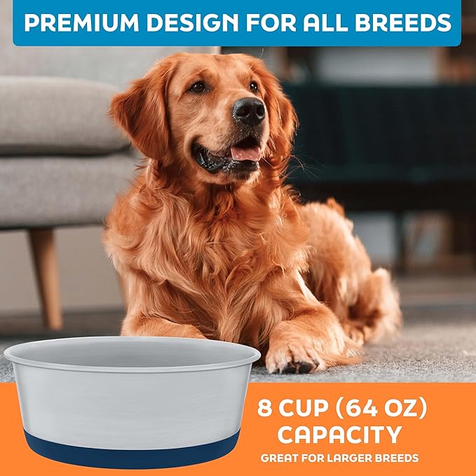 Master Pet Supply Stainless Steel Dog Bowls Set of 2 with Extra Thick Silicone Base - 8 Cup (64 oz) Navy Blue, Non-Slip, Dishwasher Safe Metal Bowls, Pet Dog Food Bowl for Dogs, Cats, Anti Rust