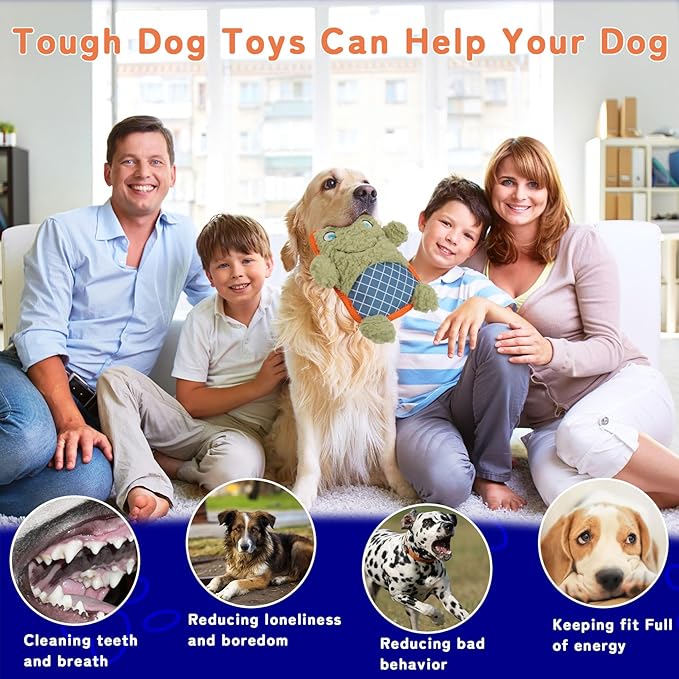 Crinkle Dog Toys Squeaky Plush No Stuffing Cute Puppy Stuffless Tough Rop Pull Toy, Fun Dog Stuffed Animals Durable Chew Set for Small Medium Large Pup (Large, Green Frog)