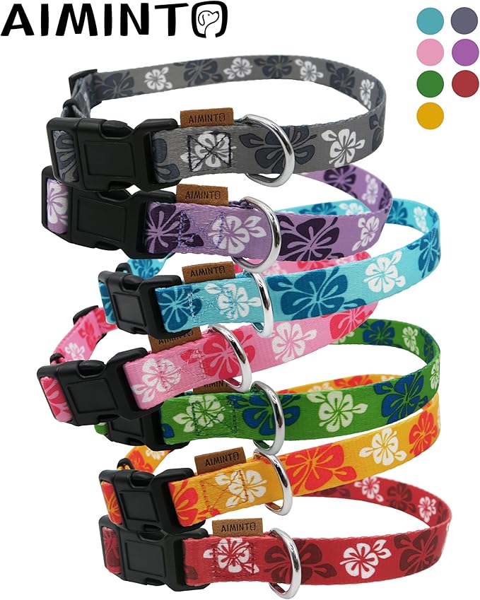Dog Collar, Cute Floral Pattern, Soft and Adjustable Collar with Quick Release Buckle (M (Neck 14-24", Width 3/4"), Hawaiian Pink)
