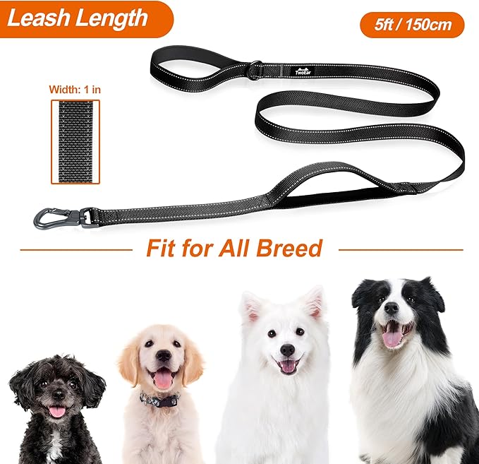 TwoEar 5FT 1IN Strong Black Dog Leash with 2 Padded Handles, Traffic Handle Extra Control, Comfortable Soft Dual Handle, Auto Lock Hook, Reflective Walking Lead for Small Medium and Large Dogs