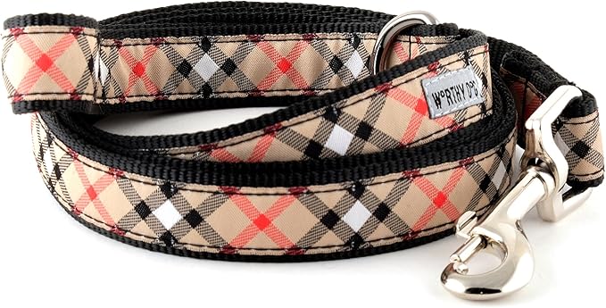 THE WORTHY DOG 5 FT Nylon Dog Leash for Medium to Large Dogs, Metal Quick Clip, Plaid Pattern, Tan, Large
