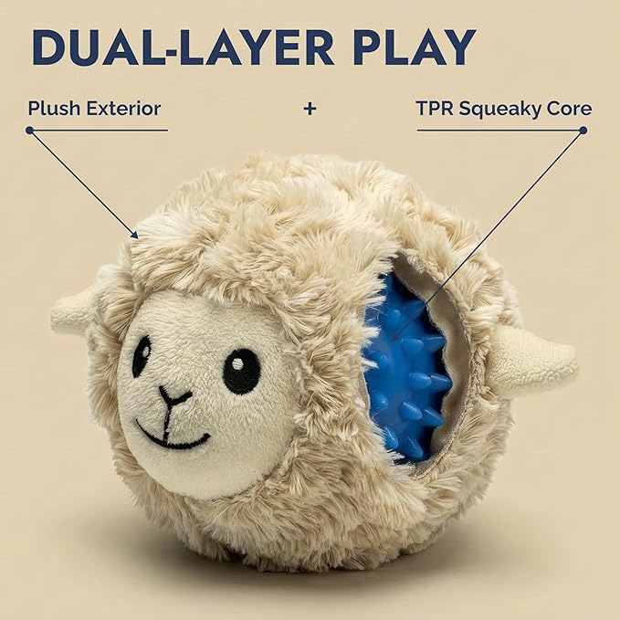 Pet Lou 4" EZ Squeaky Lamb Ball Dog Toy, Durable TPR Squeaky Ball with Plush Cover, Stuffing-Free Lamb Dog Toy for Small & Medium Breeds, Bouncy & Water-Floating