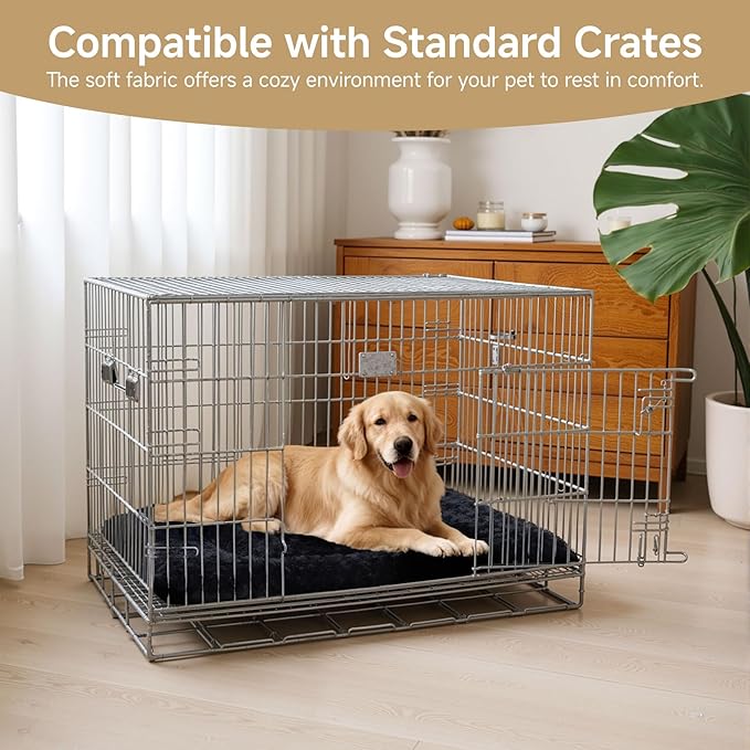 Washable Dog Bed Mat Soft Dog Crate Pad Fluffy Pet Kennel Beds Sleeping Mattress with Non-Slip Bottom for Large Jumbo Medium Small Dogs, 35 x 22 Inch, Black