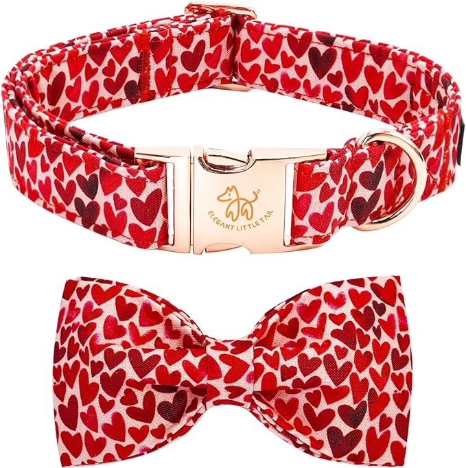 Elegant little tail Valentine's Dog Collar, Cute Red Heart Pet Collars with Bow for Small Dogs, Female or Male Adjustable Cotton Pet Collars Holiday Puppy Collar for Small Medium Large Dogs