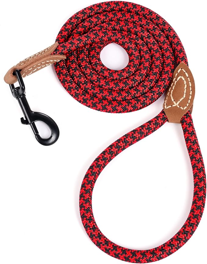 Mile High Life | Mountain Climbing Dog Rope Leash with Heavy Duty Metal Sturdy Clasp | Genuine Leather Tailored Connection with Strong Stitches (Red Black, 60 Inch (Pack of 1))