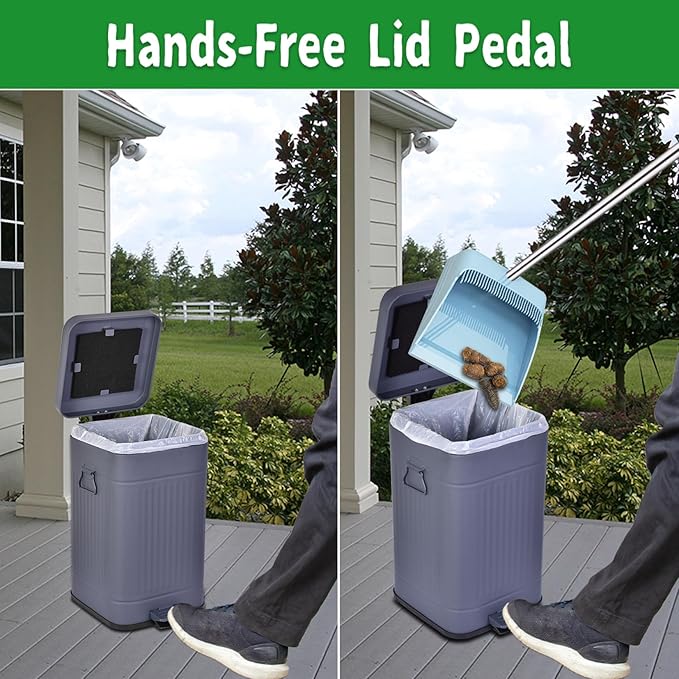 Dog Poop Trash Can with Lid for Outdoors，3.2 Gallon Trash Can with Activated Carbon Filter & Plastic Bags, Pet Waste Container，UP12L-GY-F+90BK