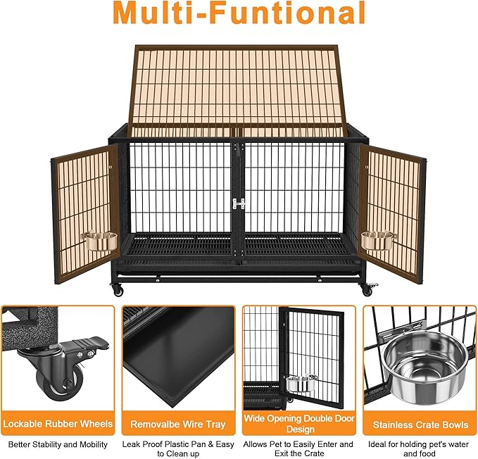 48 inch Heavy Duty Dog Crate for Large Dogs, Stackable Dog Kennels and Metal Wire Cages with Feeding Bowls, Leak-Proof Pans, Removable Wire Trays and Divider, Extra Large XL XXL