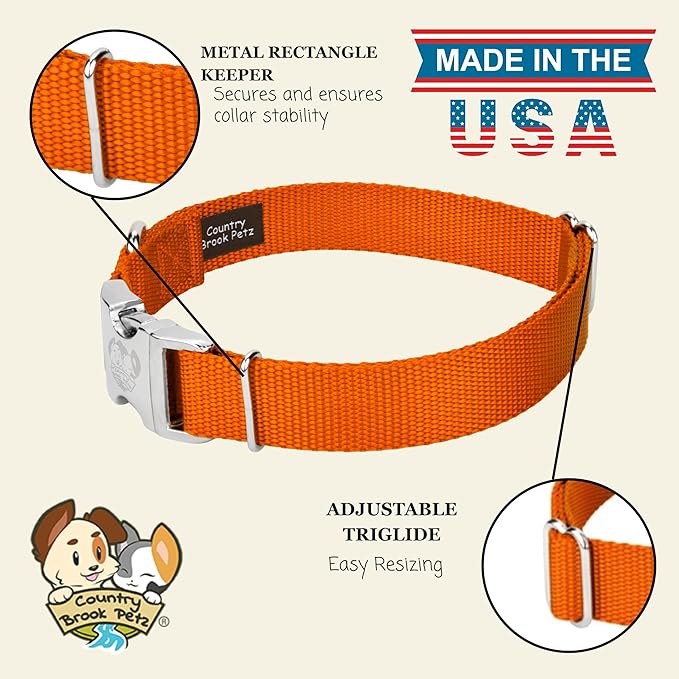 Country Brook Petz - Premium Nylon Dog Collar with Metal Buckle for Small Medium Large Breeds - 10+ Warm Colors (Large, 1 Inch, Orange)