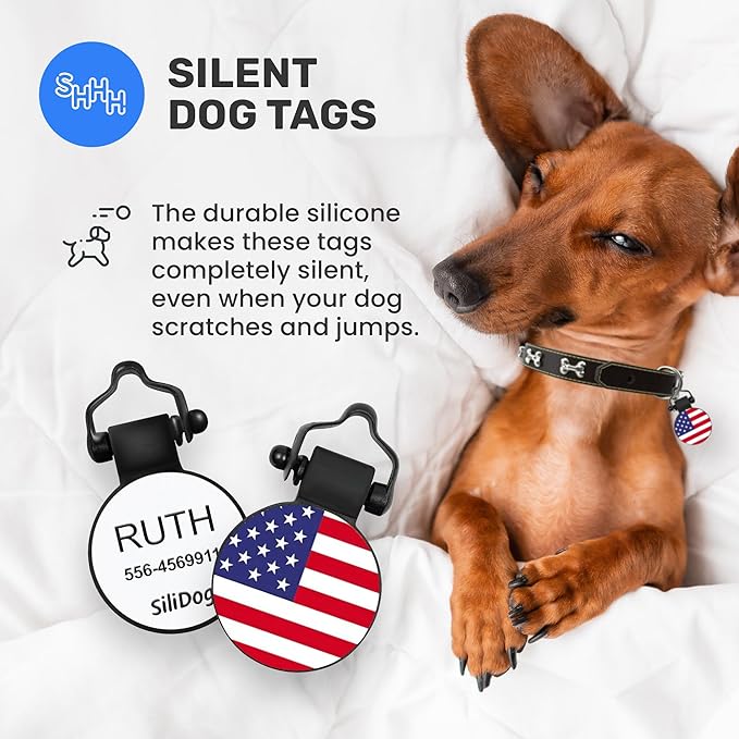 SiliDog - The Original Silicone Silent Dog Tag - Personalized Engraved Soundless Pet ID - As Seen On Shark Tank - Durable - Never Fades - White Circle - USA Flag