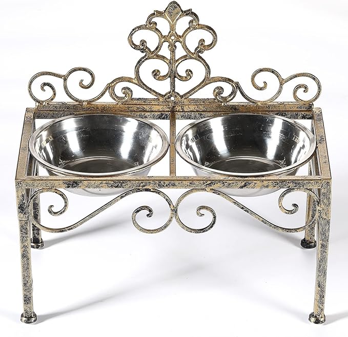 Elevated Dog Bowls for Large Dogs, Metal Raised Dog Feeder, Lifted Dogs Dish Stand with Double Stainless Steel Bowls for Food and Water, Antique Gold Finish Tall Dog Bowl Stand - Height 8.78"