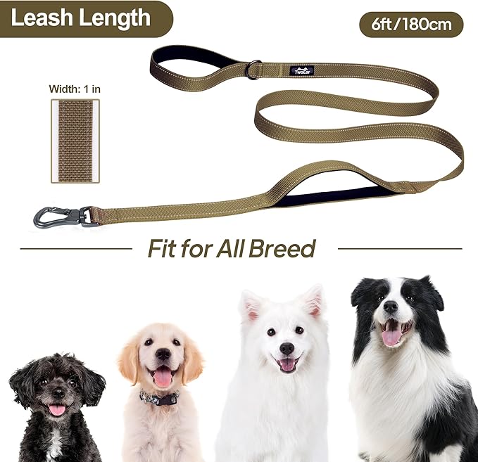 TwoEar 6FT 1IN Strong Brown Dog Leash with 2 Padded Handles, Traffic Handle Extra Control, Comfortable Soft Dual Handle, Auto Lock Hook, Reflective Walking Lead for Small Medium and Large Dogs