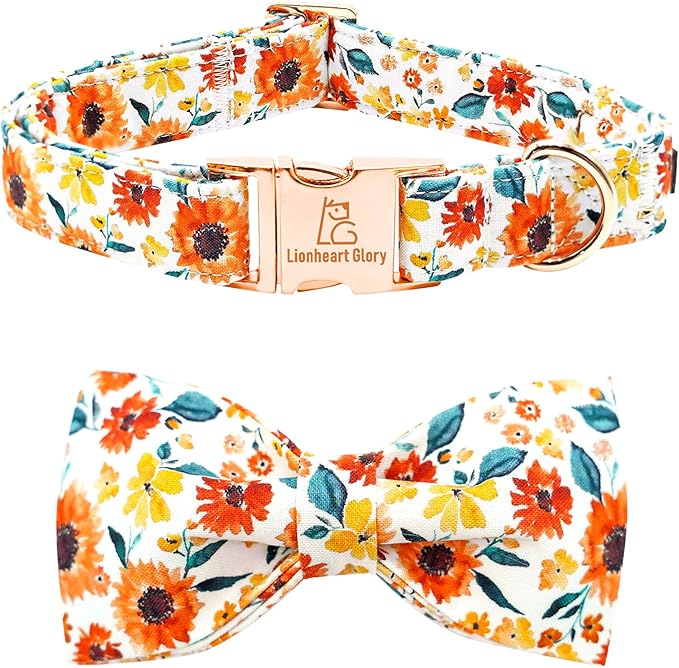 Lionheart glory Dog Collar Bow Collar Floral Dog Collar with Bow Tie Spring Summer Cute Collar Dog Boy or Girl Dog Collars Soft Durable Adjustable Dog Collars for Small Dogs