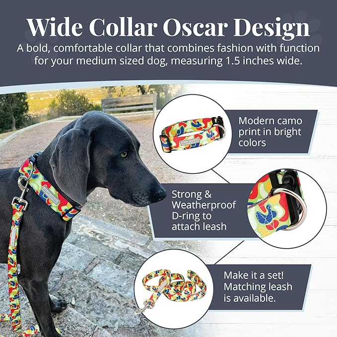 Lucky Love Dog Wide Dog Collar - Adjustable, Durable, Soft Webbing, & Comfortable 1.5 inch Wide Collar for Dogs Male and Female with Strong Buckle - Oscar, Medium