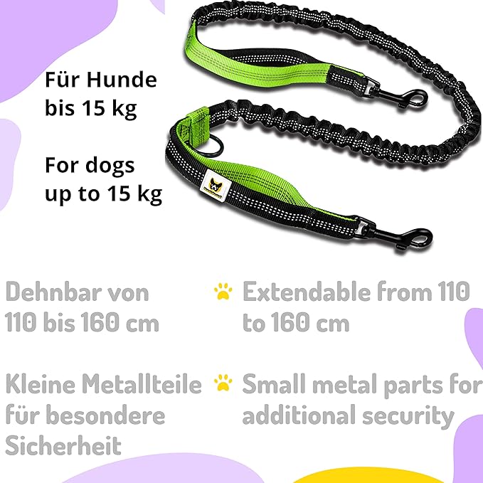 Hundefreund Hands-Free Leash for Small Dogs Under 30 lbs – Lightweight Waist Leash with Reflective Bungee, Pouch & Dual Handles – Ideal for Running, Walking & Hiking