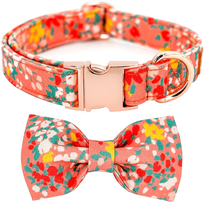 Tunkoo Dog Collar Elegant Floral Bow Tie Unique Style Super Soft Comfy Adjustable Cotton Collar with Premium Metal Buckle, for Puppy Small Medium Large Pet Supplies, L
