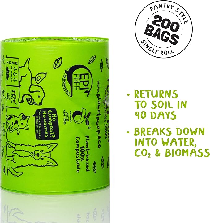 Planet Poop Compostable Dog Poop Bags for Small Pets, Large Single Roll 200 Mini Size Grab & Go, Biodegradable Un-Scented Dog Waste Bags with Handles, Leakproof Doggy Cat Bag, Plant Based Pet Supplies