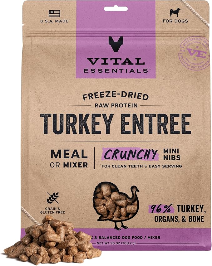 Vital Essentials Freeze Dried Dog Food, Raw Turkey Crunchy Mini Nibs | Complete Meal or Mixer | High Protein, Low Carb, Grain Free, Dry Dog Food | 25 oz
