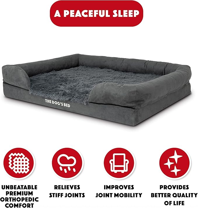 The Dog’s Bed Orthopedic Memory Foam Dog Bed with Bolsters, Fur Fabric, Grey Fur, XL