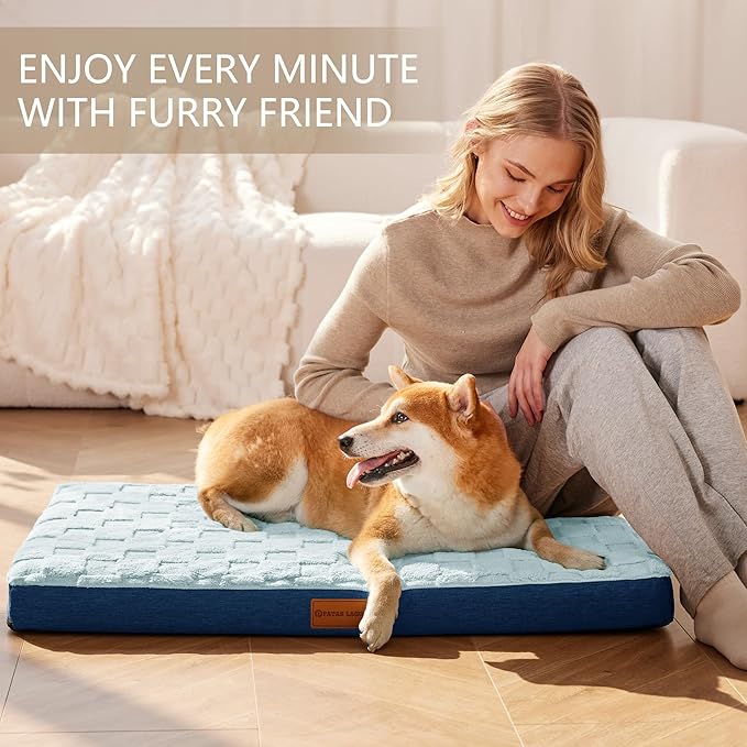 Patas Lague Orthopedic XL Dog Bed Large Sized Dog 42''X28'', Waterproof Soft Comfortable Egg Crate Foam Large Pet Beds Crate Mat with Removable Washable Cover and Nonskid Bottom, Blue