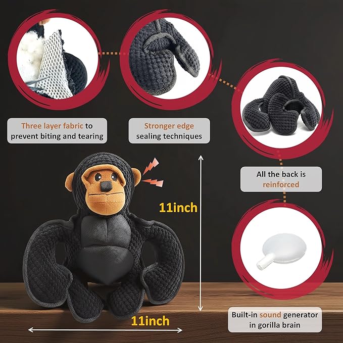 Plush Stuffed Squeaky Dog Toys, Tough Dog Toy Large Breed, Dog Chew Toys for Large Dogs,Chew Dog Toys to Keep Them Busy,11" x 11" Gorilla