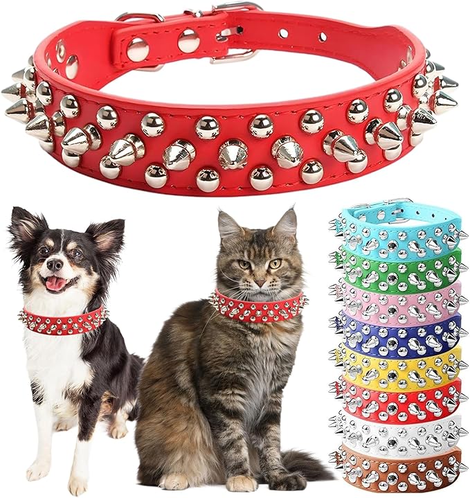 Red Spiked Dog Collar for Large Dogs, Girl's Spike Puppy Collars Leather Mushrooms Rivet Female Studded Cat Collars Adjustable for XXS XS Medium Large Dogs, L