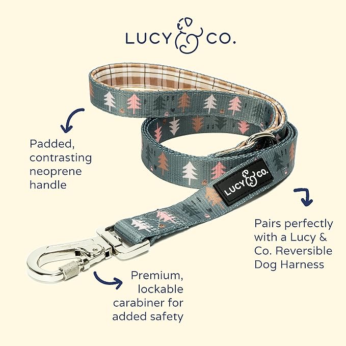 Lucy & Co. Designer Dog Leash - Pet Accessories - Thick Dog Leash - Padded Handle for Comfort - Purple with Green Floral - 5 Foot (Neutral Brown Plaid Blue Trees, Large)