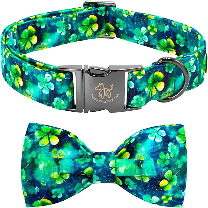 Elegant little tail St Patrick's Dog Collar, Green Cute Colver Cotton Shamrock Pet Collar Trefoil Puppy Collar Bow Holiday Adjustable Cotton Pet Collar for Small Medium Large Dogs