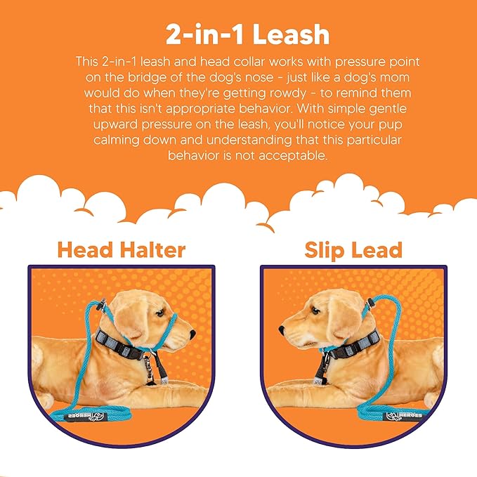 Heather's Heroes Sidekick Dog Headcollar with Leash - Sidekick Leash for Dogs, Effective Dog Training Tool for Leash Reactivity and Behavior Issues (Turquoise, Mini (1/4"))