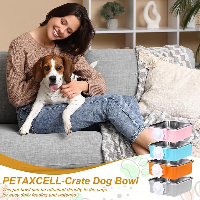 Crate Dog Bowl, Removable Stainless Steel Pet Cage Hanging Anti-Overturn Food Water Feeder Cage Cup (2Pcs, Square, Pink/Green, 17.7oz), Intended for Puppies/Cat/Rabbit/Bird