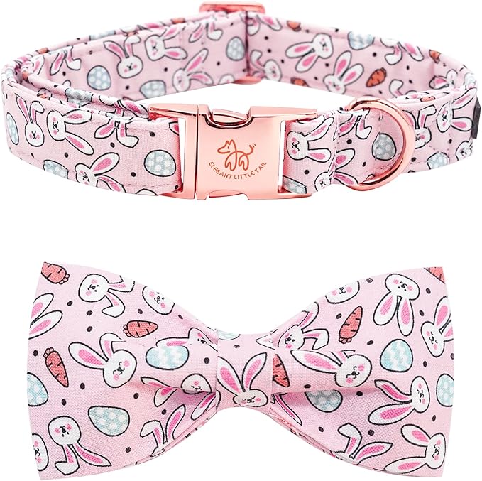 Elegant little tail Easter Dog Collar, Bunny Carrots Pet Collar with Bowtie Cute Pink Pet Bow Puppy Collars Adjustable Dog Collars for Small Dogs