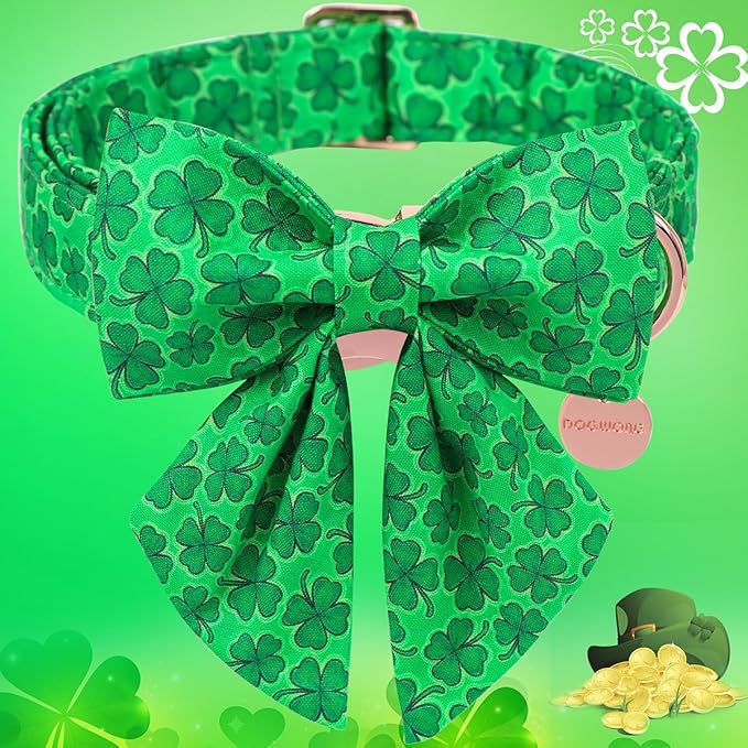 DOGWONG St. Patrick's Day Dog Collar-Cute Clovers Dog Collar with Bow, Cotton Trefoil Bowtie Dog Collars with Metal Buckle for Small Medium Large Dogs