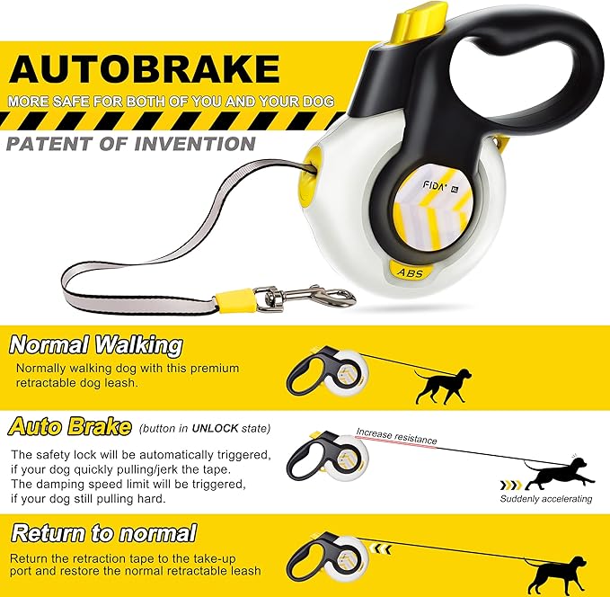 FIDA AutoBrake Retractable Dog Leash. Advanced Patented Design for Dog Pulling, 16 ft Heavy Duty No Pull Pet Walking Leash for Small Breeds. 360° Tangle Free, Soft Grip, Small Size.