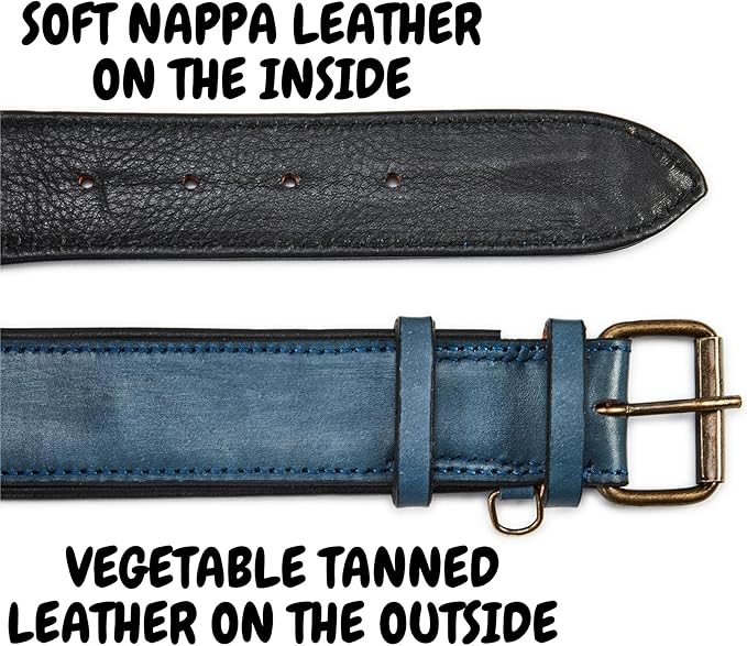 Real Leather Dog Collar Padded Soft Interiors with Premium Vintage Look Handcrafted Heavy Duty with Tag Ring for Small Medium and Large Pets (Large (1.5" Wide for 16.5" - 20.5" Neck), Ocean Blue)