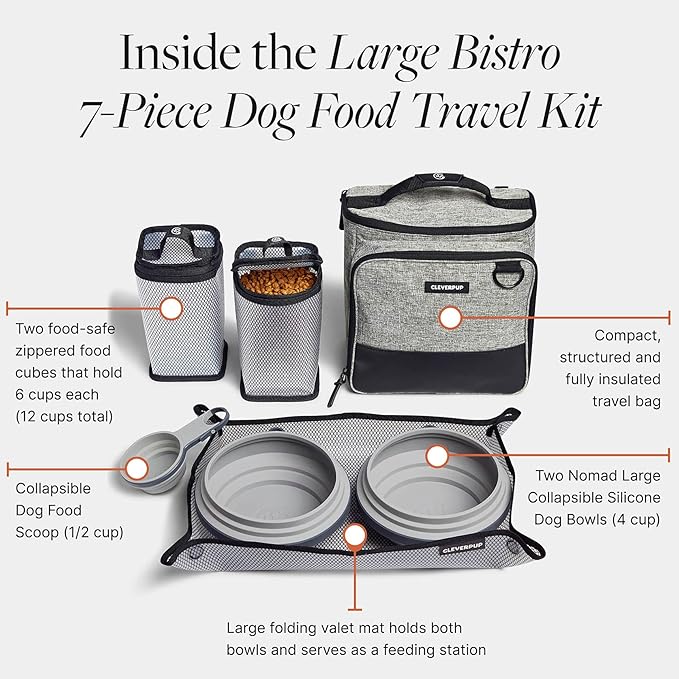 Cleverpup, Large 7-Piece Bistro Box Dog Food Travel Kit, 12-BPA-Free Cup Kibble Storage, 2 Silicone Bowls, Mat & Scoop - Portable Pet Food Kit for Weekends, Overnights, Daycare & Camping, Heather Grey