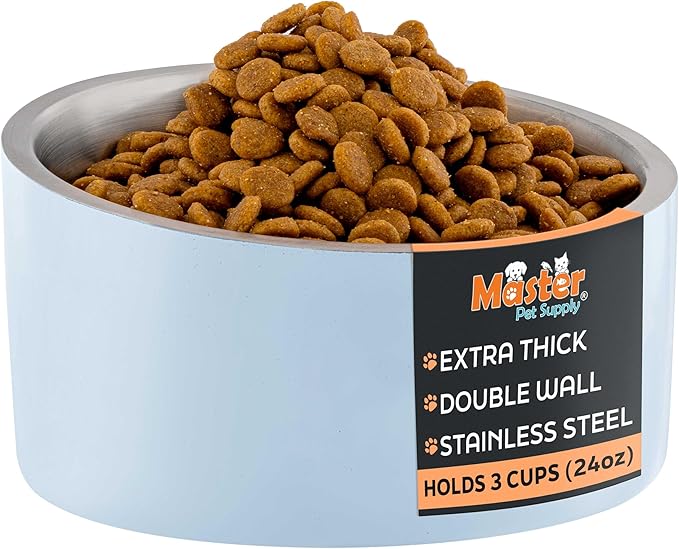 Master Pet Supply Stainless Steel Slanted Dog Cat Food Bowl - 24 oz Heavy Duty - Glacier Blue, Double Wall Insulated, Non-Slip Elevated Bowl for French Bulldogs Pugs Cats, Anti Rust Dishwasher Safe