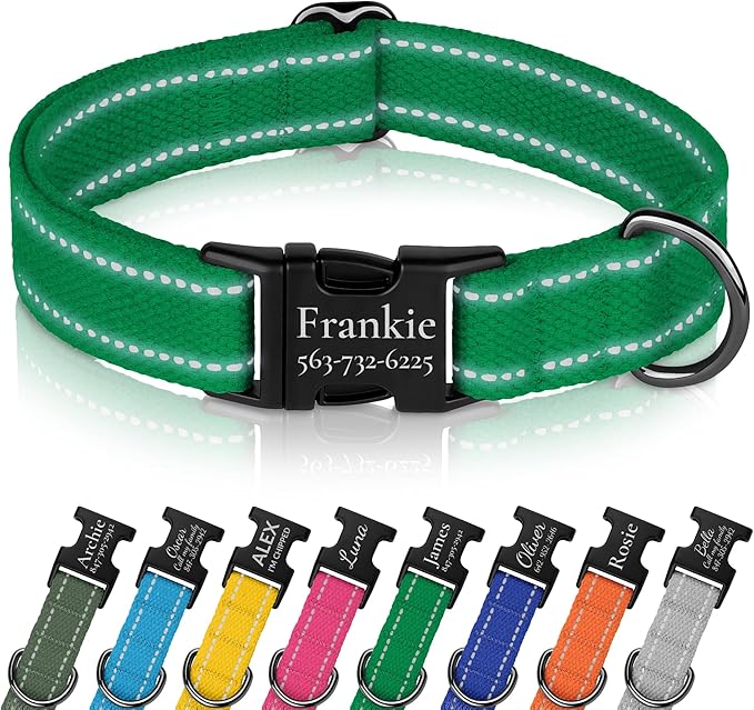 Personalized Dog Collar with Engraved Metal Buckle Reflective Cotton Custom Collar for Dogs Puppy with Name and Phone Number 8 Colors, 4 Sizes (Green, L, 15"-19")