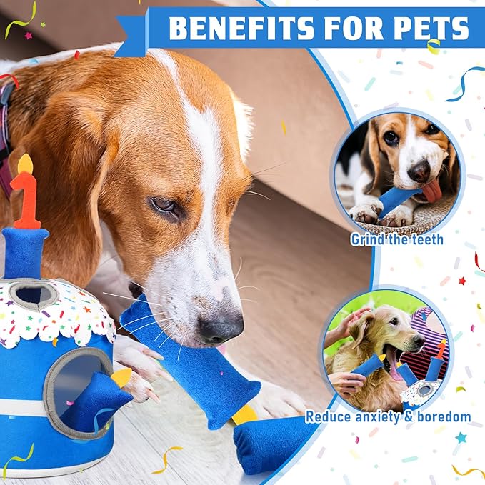 Dog 1st Birthday Cake Toy Squeaky Interactive Dog Toy Hide and Seek Plush Dogs Puzzle Puppy Toys for Boredom Keep Them Busy for Small Medium Dogs(Blue)