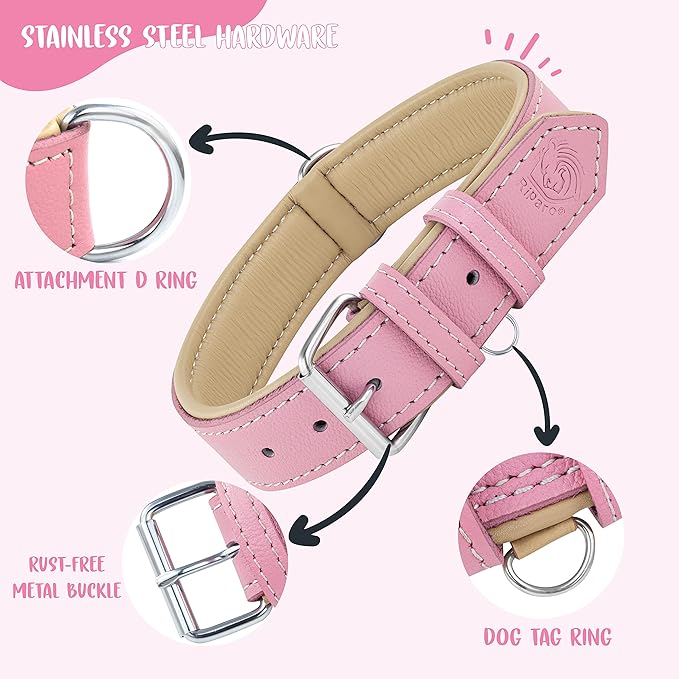 Riparo Adjustable Leather Dog Collar - Heavy Duty Wide Dog Collar for Small, Medium, Large and Extra Large Dogs with Dog Tag Holder (XXL: 2” Wide for 26”-29” Neck, Pink)