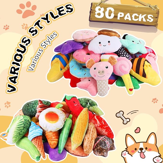 Hungdao 80 Pcs Dog Toys Bulk Squeaky Dog Gifts for Medium Small Puppy Stuffed Plush Chew Toys Small Pet with Squeakers for Puppies Teething(Cute Style)