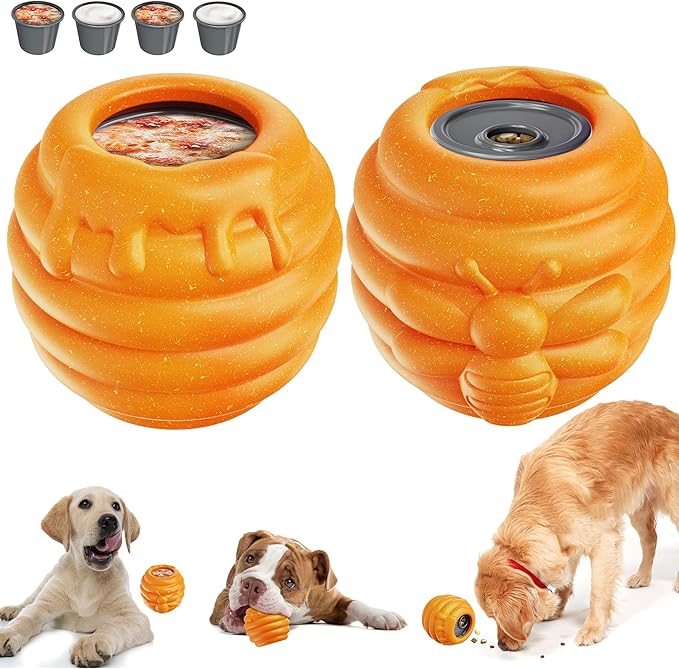 3 in 1 Durable Dog Toys for Aggressive Chewers 2 Pack, Dog Treat Dispenser and Enrichment Toys in Honey Pot Shape, Boredom Killing and Mental Stimulation Toys for Dogs to Keep Them Busy