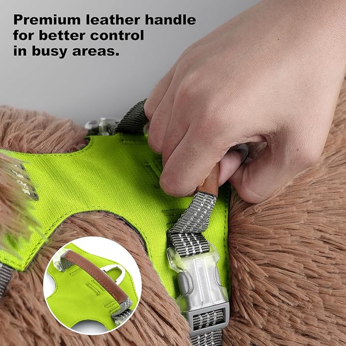 No Pull Dog Harness – Adjustable Reflective Nylon Vest for Small Medium Large Dogs, Escape Proof Training Harness with Leather Control Handle, Lightweight Aluminum Hardware (Green, XL)